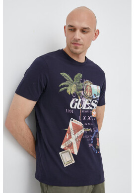 Guess Памучна тениска в тъмносиньо с принт - Pepit.bg