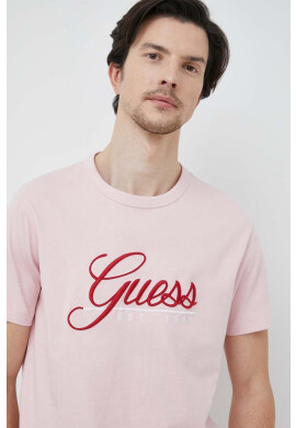 Guess Памучна тениска в розово с апликация - Pepit.bg