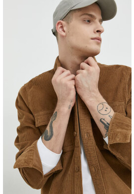 Hollister Co. Джинсова риза мъжка в кафяво със стандартна кройка с класическа яка - Pepit.bg