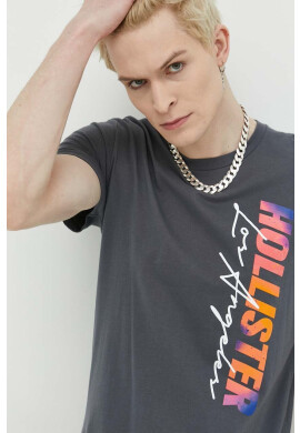 Hollister Co. Памучна тениска в сиво с принт - Pepit.bg