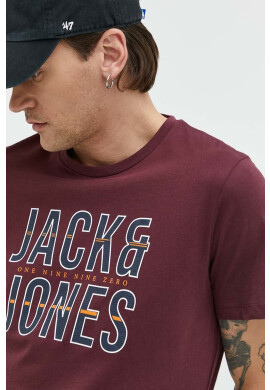 Jack & Jones Памучна Тениска в бордо с принт - Pepit.bg