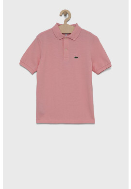Lacoste Детска памучна тениска с яка в розово с изчистен дизайн - Pepit.bg
