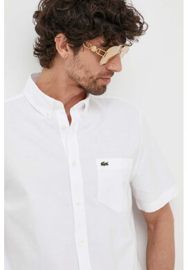Lacoste Памучна риза мъжка в бяло със стандартна кройка с яка с копче - Pepit.bg