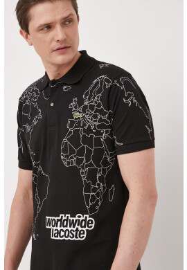 Lacoste Памучна тениска с яка в черно с принт - Pepit.bg