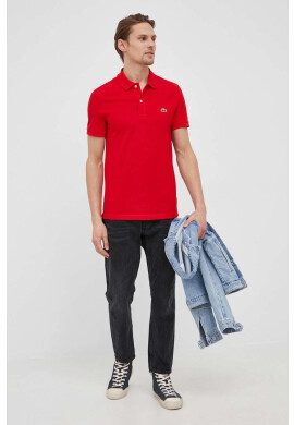 Lacoste Памучна тениска с яка в червено с изчистен дизайн - Pepit.bg