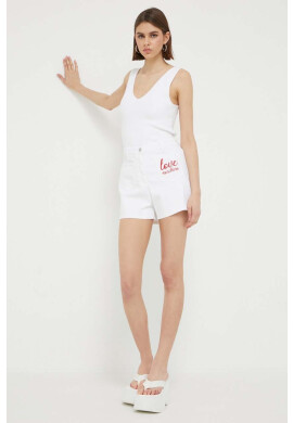 Love Moschino Дънков къс панталон в бяло с апликация с висока талия - Pepit.bg