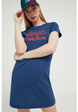 Love Moschino Памучна рокля в синьо къс модел със стандартна кройка - Pepit.bg