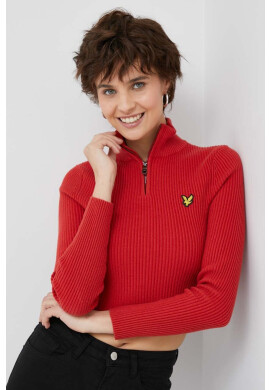 Lyle & Scott Пуловер с вълна дамски в червено от топла материя - Pepit.bg
