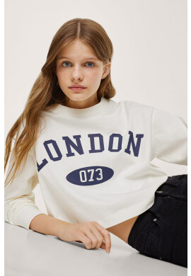 Mango Kids Детски памучен суичър Crop в бяло с принт - Pepit.bg