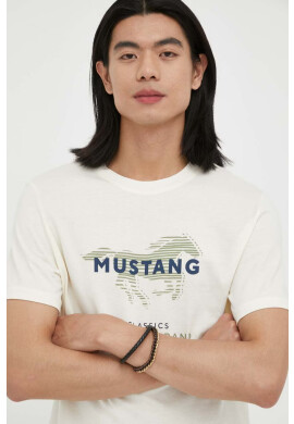 Mustang Памучна тениска в бежово с принт - Pepit.bg
