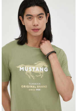 Mustang Памучна тениска в зелено с принт - Pepit.bg