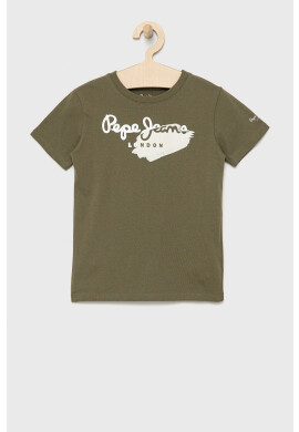 Pepe Jeans Детска памучна тениска в зелено с принт - Pepit.bg