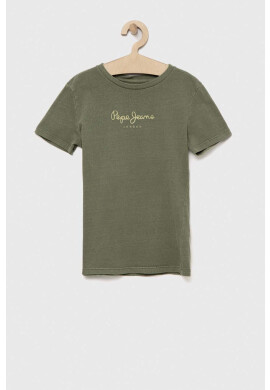 Pepe Jeans Детска памучна тениска в зелено с принт - Pepit.bg