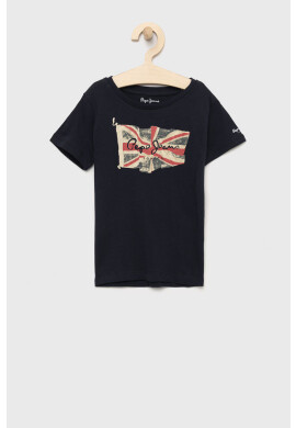 Pepe Jeans Детска памучна тениска в тъмносиньо с принт - Pepit.bg