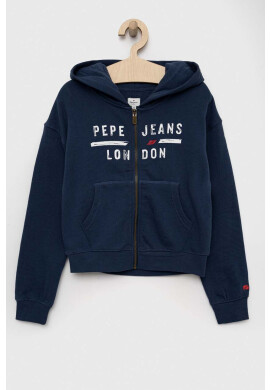 Pepe Jeans Детски памучен суичър в тъмносиньо с качулка с принт - Pepit.bg