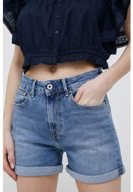 Pepe Jeans Дънкови къси панталони Mary в синьо с изчистен дизайн с висока талия - Pepit.bg