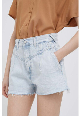 Pepe Jeans Дънкови къси панталони Summer Sky в синьо с изчистен дизайн с висока талия - Pepit.bg