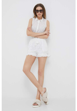 Pepe Jeans Памучен къс панталон Cleva в бяло с изчистен дизайн с висока талия - Pepit.bg