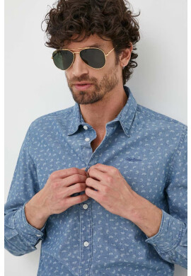 Pepe Jeans Памучна риза Crawston мъжка в синьо с кройка по тялото с класическа яка - Pepit.bg