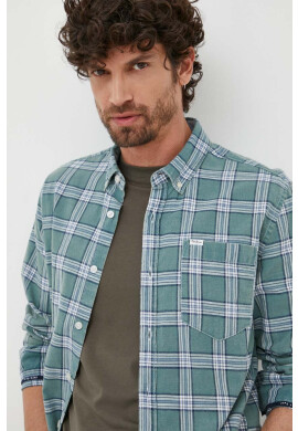 Pepe Jeans Памучна риза Crow мъжка в зелено с кройка по тялото с яка с копче - Pepit.bg