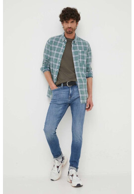 Pepe Jeans Памучна риза Crow мъжка в зелено с кройка по тялото с яка с копче - Pepit.bg