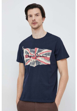 Pepe Jeans Памучна тениска Flag Logo в тъмносиньо с принт - Pepit.bg