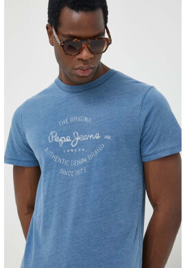 Pepe Jeans Памучна тениска Ringo в синьо с принт - Pepit.bg