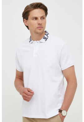 Pepe Jeans Памучна тениска с яка в бяло с принт - Pepit.bg