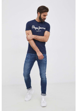 Pepe Jeans Тениска Original Stretch мъжка в тъмносиньо с принт - Pepit.bg