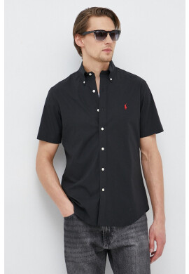Polo Ralph Lauren Риза мъжка в черно със стандартна кройка с яка с копче - Pepit.bg