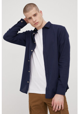 Premium by Jack&Jones Риза с лен мъжка в тъмносиньо с кройка по тялото с класическа яка - Pepit.bg