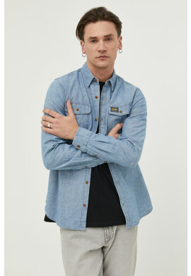 Superdry Дънкова риза мъжка в синьо със стандартна кройка с яка с копче - Pepit.bg