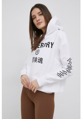 Superdry Памучен суичър дамска в бяло с принт - Pepit.bg