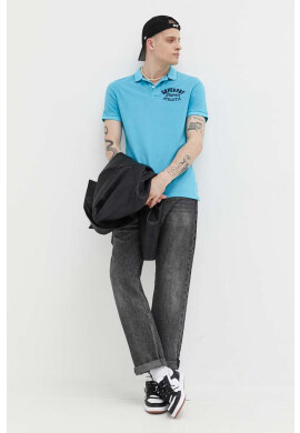 Superdry Памучна тениска с яка в синьо с апликация - Pepit.bg