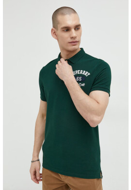 Superdry Памучна тениска с яка в зелено с апликация - Pepit.bg