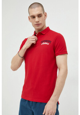 Superdry Памучна тениска с яка в червено с апликация - Pepit.bg