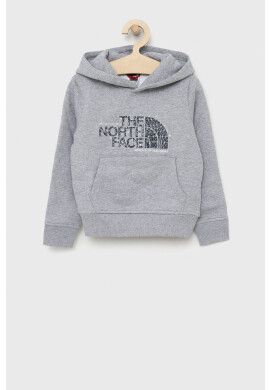 The North Face Детски памучен суичър в сиво с качулка с принт - Pepit.bg