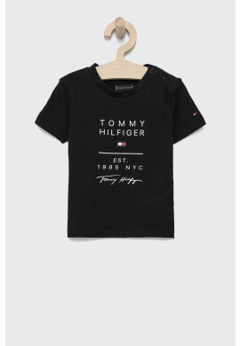 Tommy Hilfiger Детска памучна тениска в черно с принт - Pepit.bg