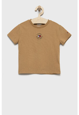 Tommy Hilfiger Детска памучна тениска в бежово с изчистен дизайн - Pepit.bg