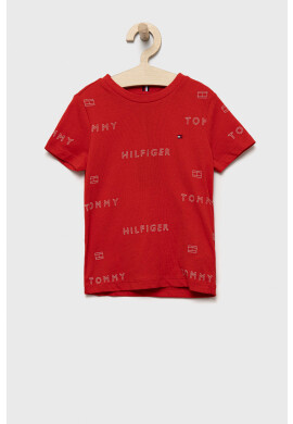 Tommy Hilfiger Детска памучна тениска в червено с десен - Pepit.bg