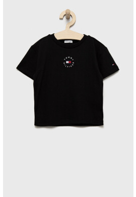Tommy Hilfiger Детска памучна тениска в черно с изчистен дизайн - Pepit.bg