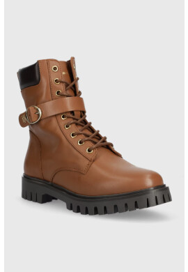 Tommy Hilfiger Кожени боти Buckle Lace Up в кафяво с равна подметка - Pepit.bg
