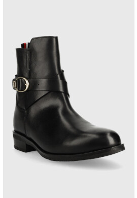 Tommy Hilfiger Кожени боти Th Belt Flat Boot в черно с равна подметка - Pepit.bg