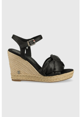 Tommy Hilfiger Кожени сандали Th Waves High Wedge в черно със скосена платформа - Pepit.bg