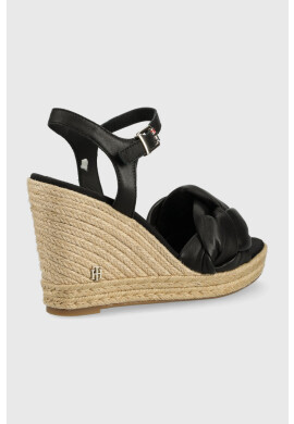 Tommy Hilfiger Кожени сандали Th Waves High Wedge в черно със скосена платформа - Pepit.bg