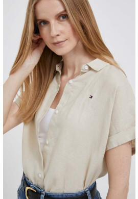 Tommy Hilfiger Ленена риза в бежово със свободна кройка с класическа яка - Pepit.bg