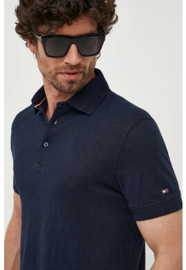 Tommy Hilfiger Ленена тениска с яка в тъмносиньо с изчистен дизайн - Pepit.bg