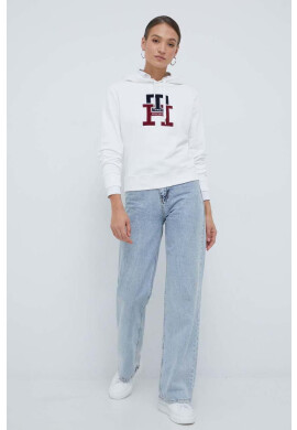 Tommy Hilfiger Памучен суичър в бяло с качулка с апликация - Pepit.bg