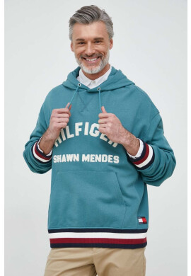 Tommy Hilfiger Суичър x Shawn Mendes мъжки в тюркоазено с качулка с десен - Pepit.bg