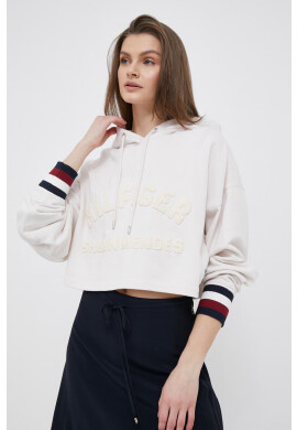Tommy Hilfiger Суичър x Shawn Mendes дамски в бежово с качулка с десен - Pepit.bg